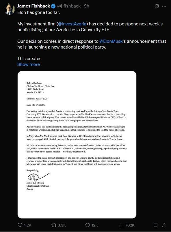 皇冠welcome注册账号_投资公司CEO不满马斯克建新党皇冠welcome注册账号，推迟特斯拉ETF上市